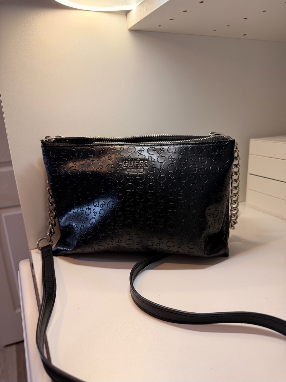 GUESS Black Embossed Logo Chain-Strap Crossbody Bag